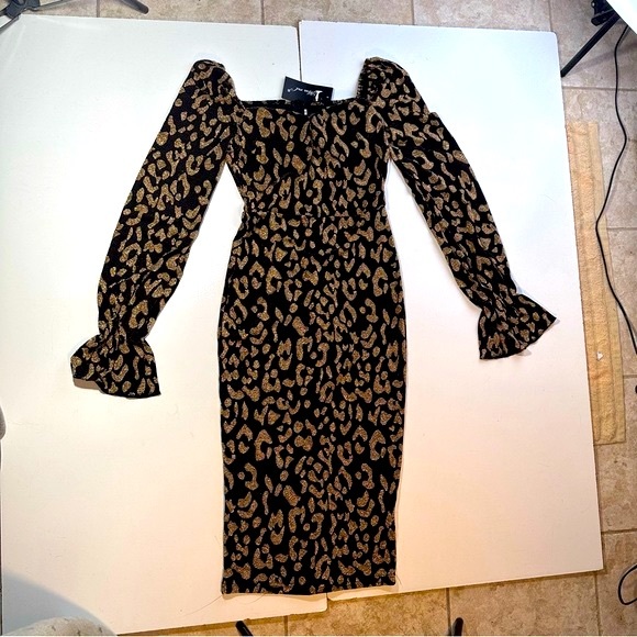 Miss Ord Gold Metallic Black Leopard/Cheetah Print ElasticCuffs Midi Dress NWT S - Picture 4 of 14